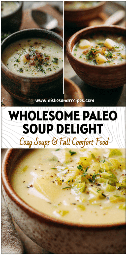 Rustic bowl filled with healthy potato leek soup garnished with herbs in a gluten free dairy free style.